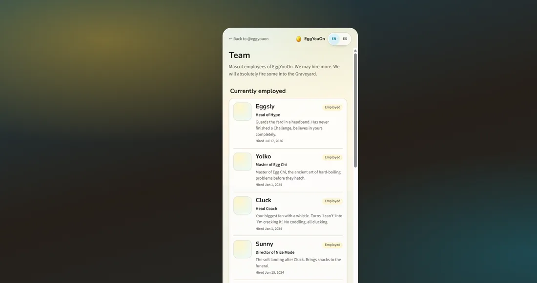 Company hub page for the fictional EggYouOn flock